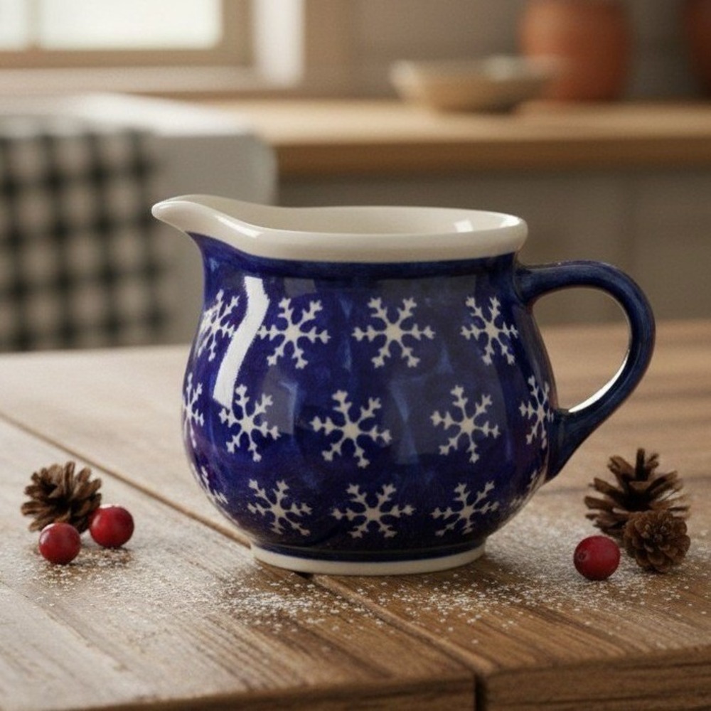 Polish Pottery Boleslawiec Hand Made Creamer Blue Pattern Snowflakes